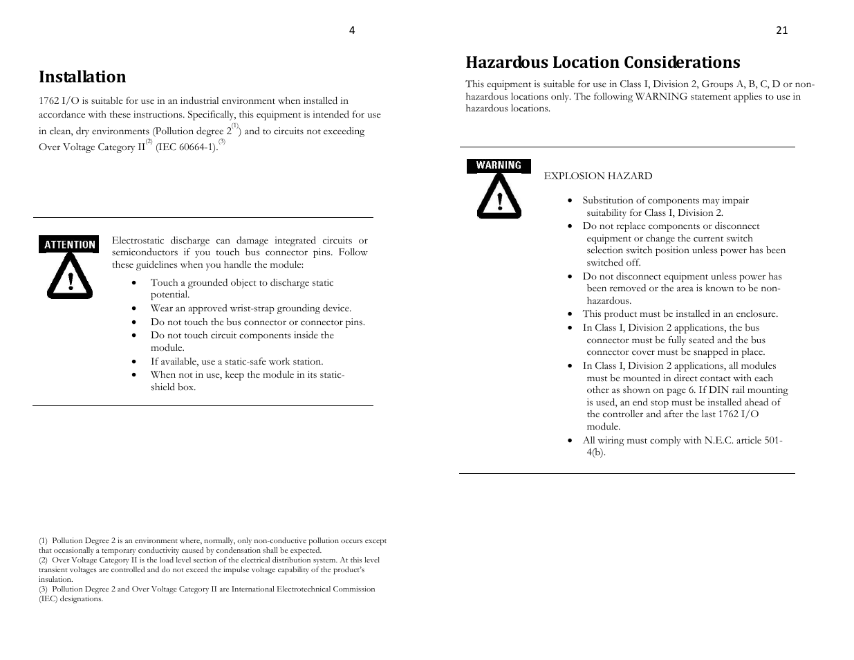 Installation, Hazardous location considerations, Prevent electrostatic discharge | Spectrum Controls 1762sc-IF4OF4 User Manual | Page 4 / 12