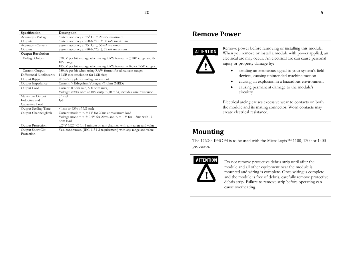 Remove power, Mounting, Output specifications | Spectrum Controls 1762sc-IF4OF4 User Manual | Page 5 / 12