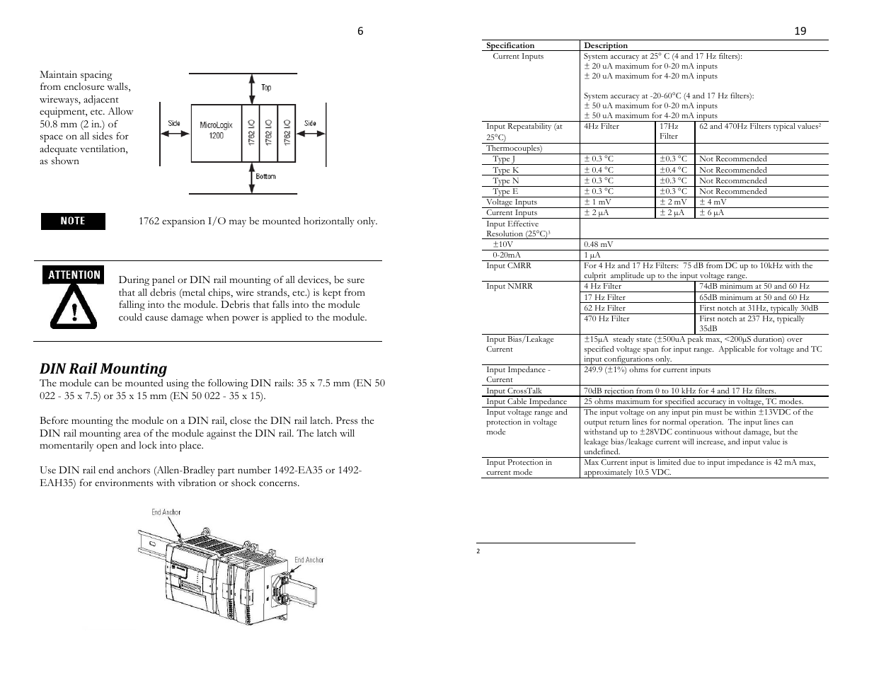 Minimum spacing, Din rail mounting | Spectrum Controls 1762sc-IF4OF4 User Manual | Page 6 / 12