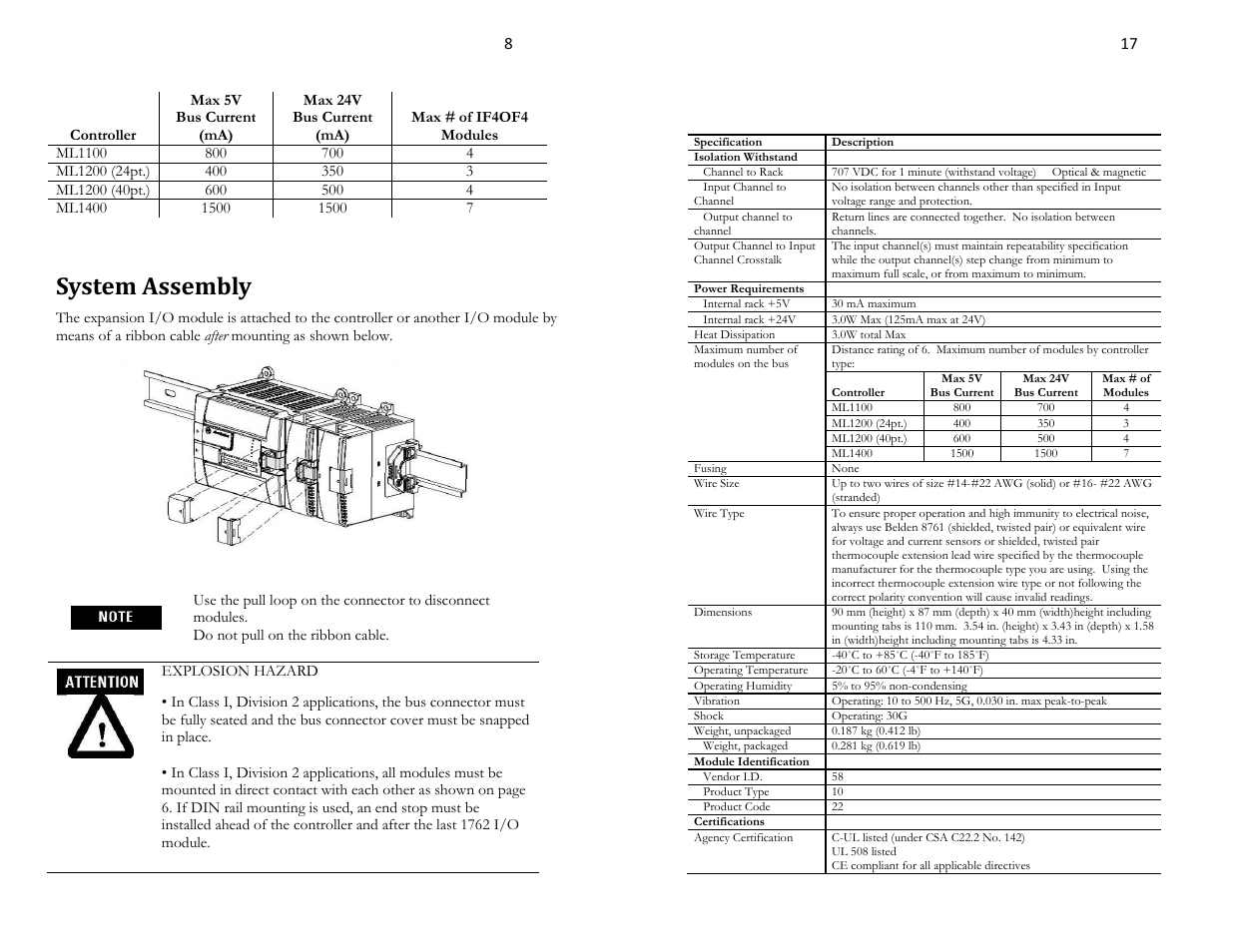 Specifications, System assembly, General specifications | Spectrum Controls 1762sc-IF4OF4 User Manual | Page 8 / 12