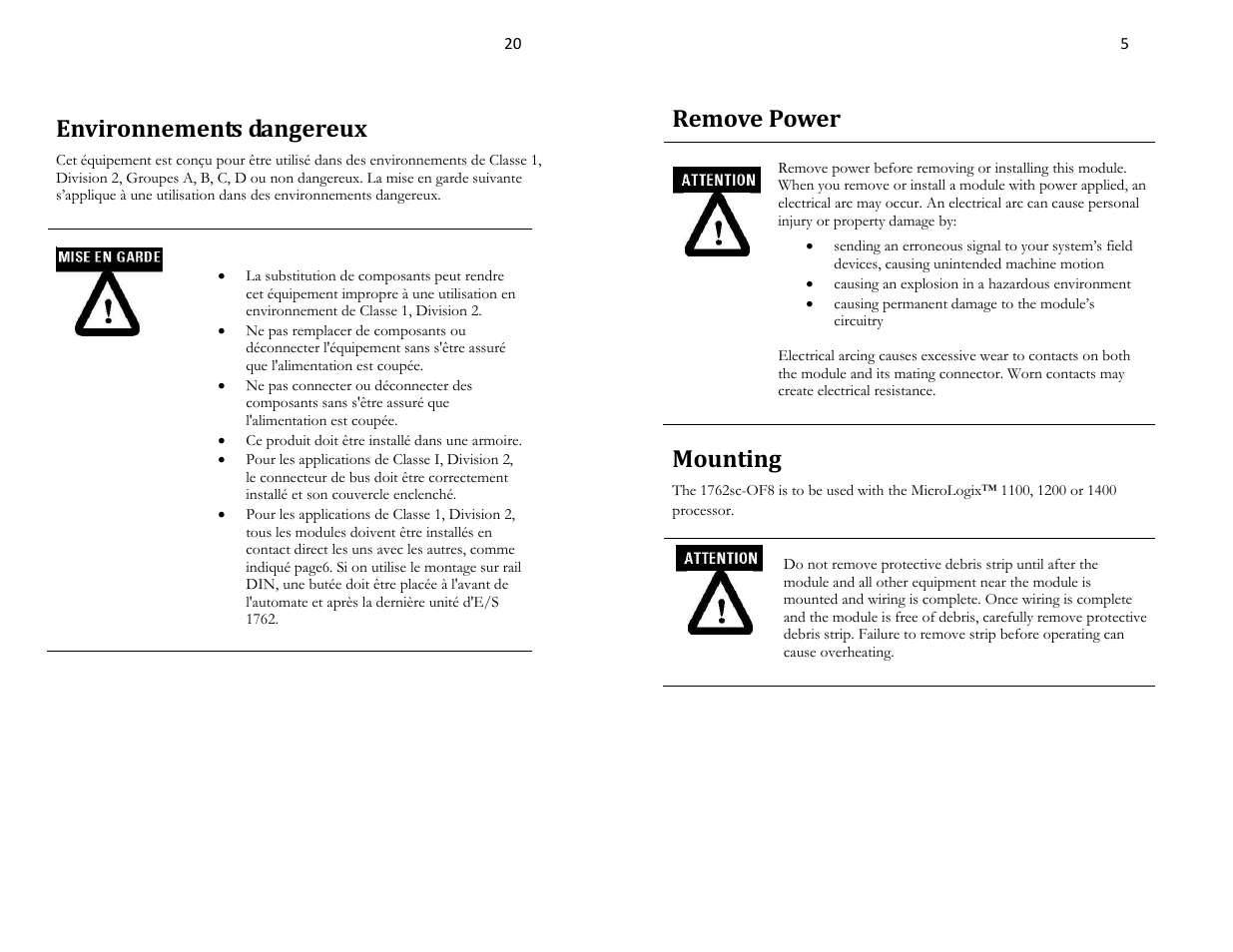 Environnements dangereux, Remove power, Mounting | Spectrum Controls 1762sc-OF8 User Manual | Page 5 / 12