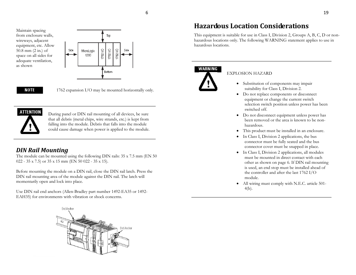 Hazardous location considerations, Minimum spacing, Din rail mounting | Spectrum Controls 1762sc-OF8 User Manual | Page 6 / 12