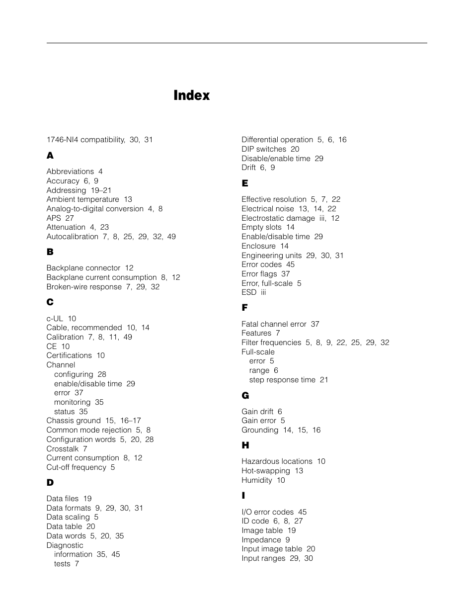 Index | Spectrum Controls 1746sc-INI4vi User Manual | Page 55 / 58