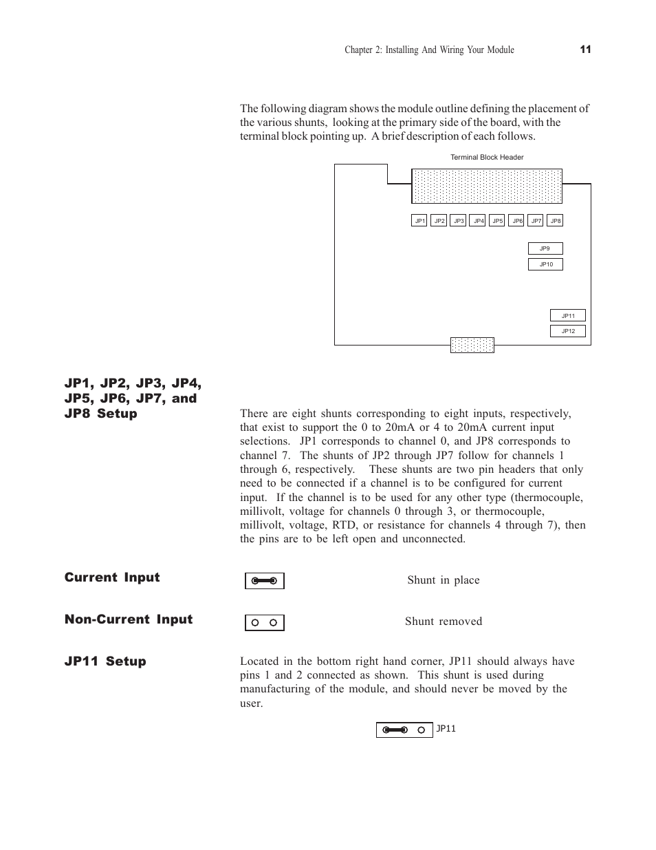 Current input, Non-current input, Jp11 setup | Shunt in place, Shunt removed | Spectrum Controls 1746sc-NI8u User Manual | Page 23 / 130