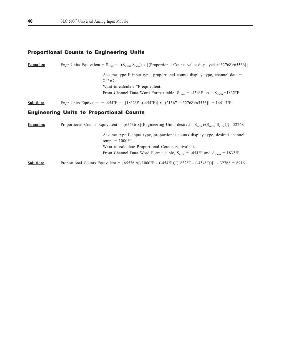 Proportional counts to engineering units, Engineering units to proportional counts | Spectrum Controls 1746sc-NI8u User Manual | Page 52 / 130