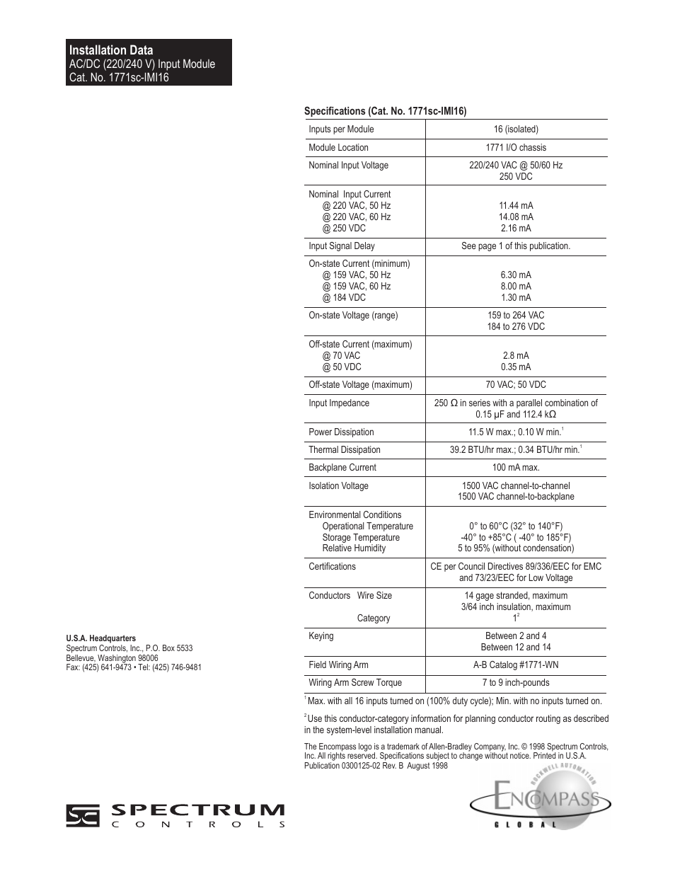 Installation data | Spectrum Controls 1771sc-IMI16 User Manual | Page 8 / 8