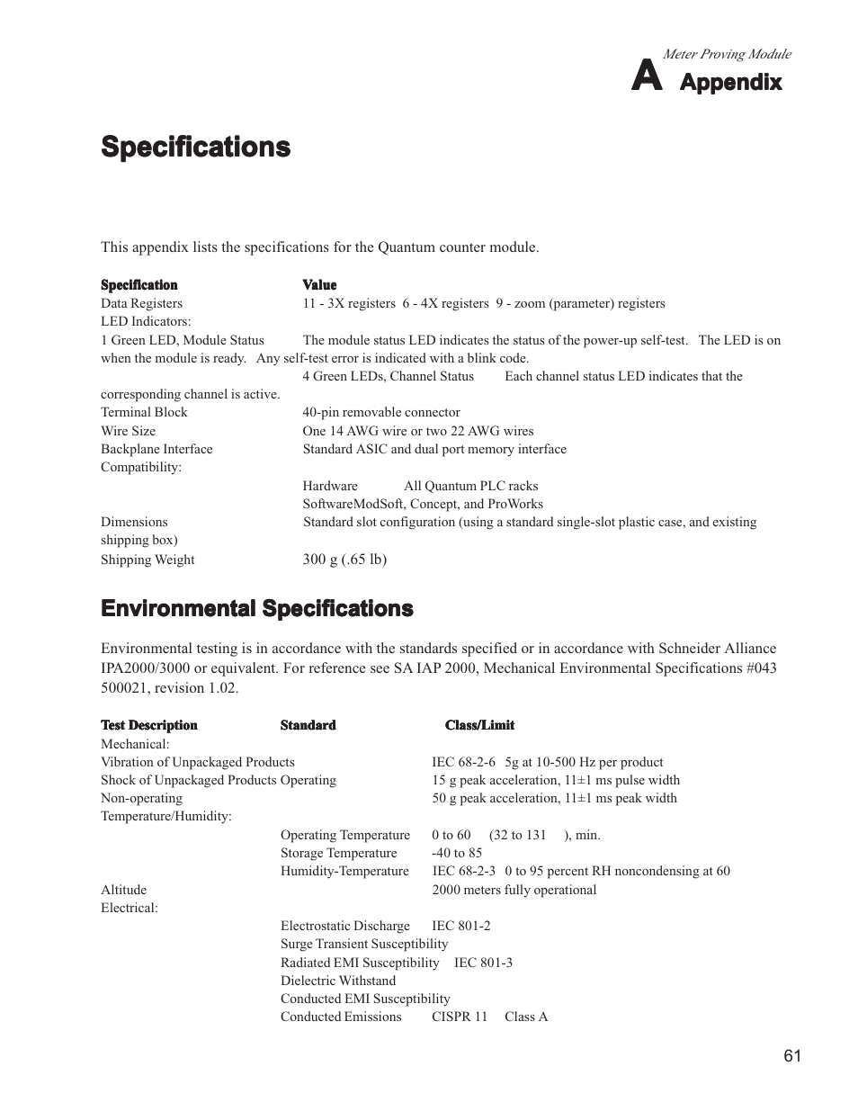 Specifications, Appendix, Environmental specifications | Spectrum Controls 140 MPM 204 00sc User Manual | Page 59 / 66