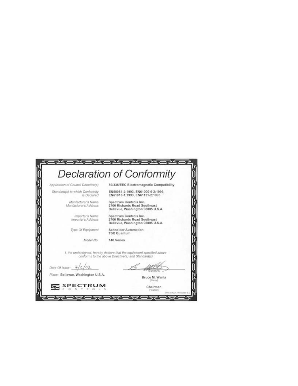 Spectrum controls support, Declaration of conformity | Spectrum Controls 140 MPM 204 00sc User Manual | Page 65 / 66