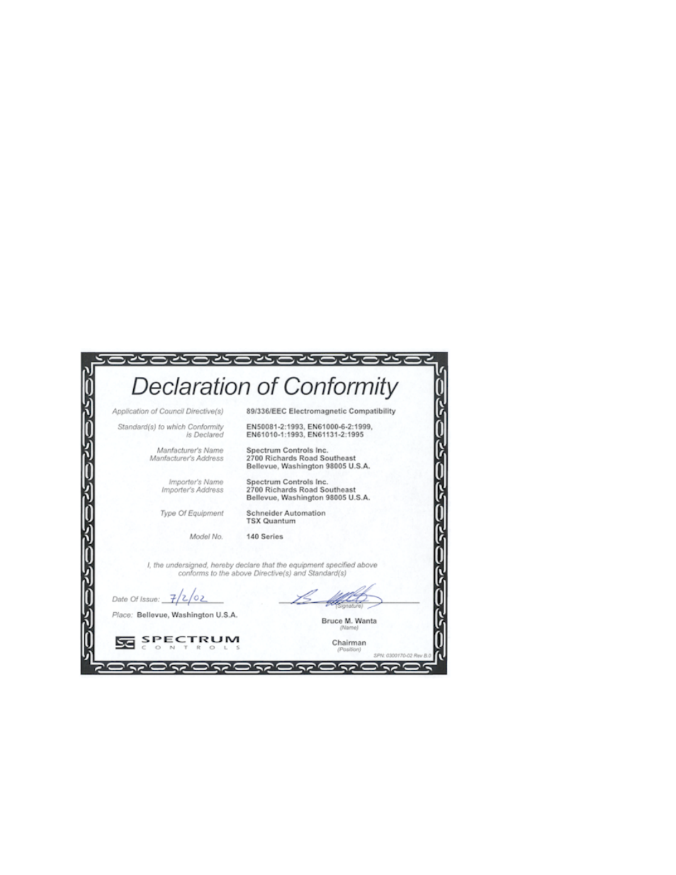 Spectrum controls support, Declaration of conformity | Spectrum Controls 140 EHC 204 00sc User Manual | Page 80 / 81