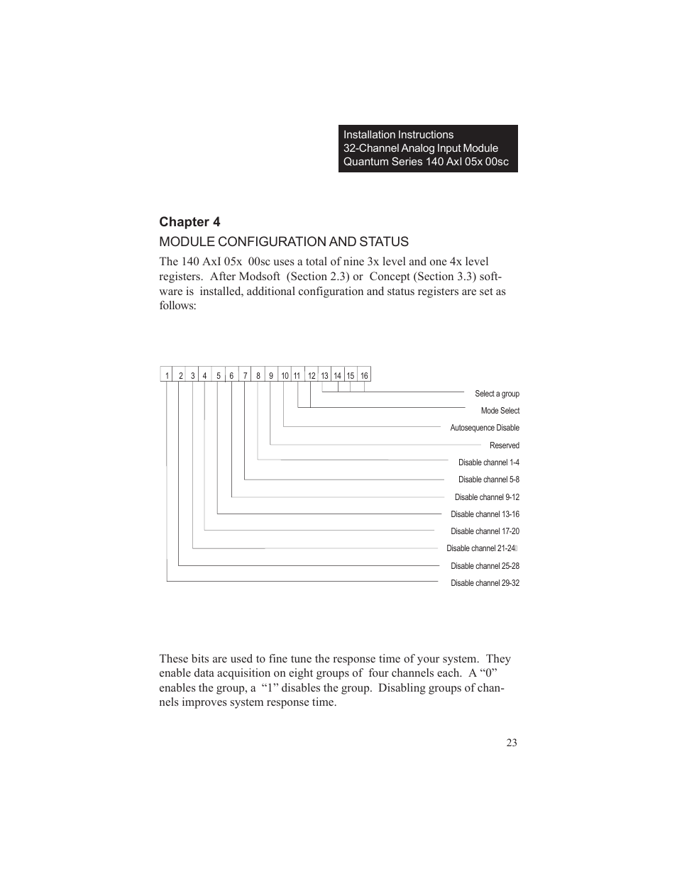 Chapter 4 module configuration and status, 1 configuration word format (register 4x), 4x group channel disable: bits 1-8 | Spectrum Controls 140 ACI 051 00sc User Manual | Page 28 / 57