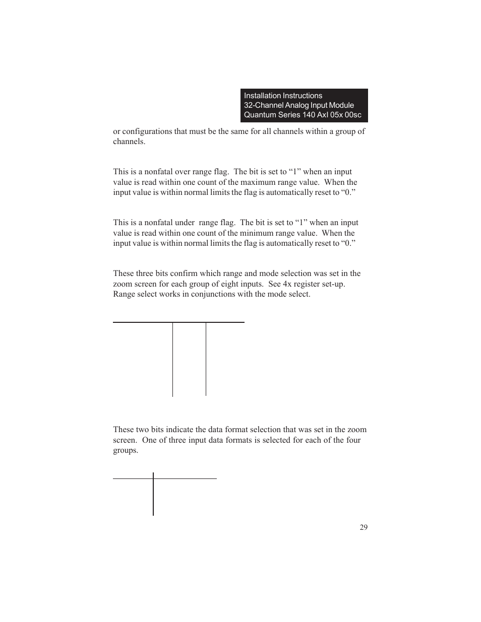 3x+0 over range flag: bit 3, 3x+0 under range flag: bit 4, 3x+0 range & mode selection: bit 5-7 | 3x+0 input data format: bits 8-9 | Spectrum Controls 140 ACI 051 00sc User Manual | Page 34 / 57