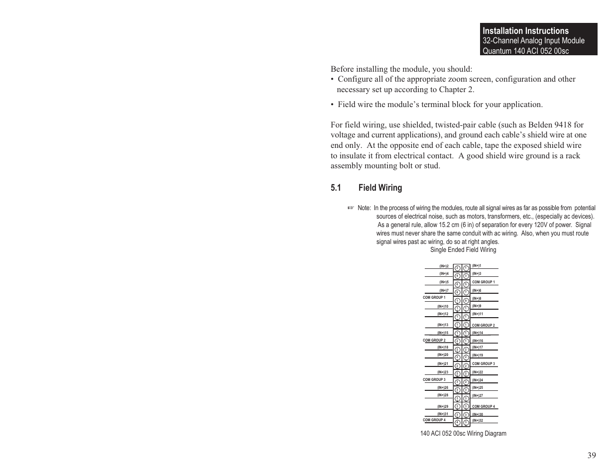 1 field wiring, Installation instructions | Spectrum Controls 140 ACI 052 00sc User Manual | Page 45 / 62