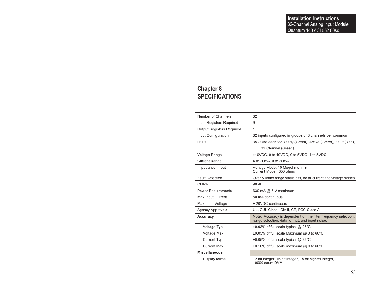 Chapter 8 specifications, Installation instructions | Spectrum Controls 140 ACI 052 00sc User Manual | Page 59 / 62