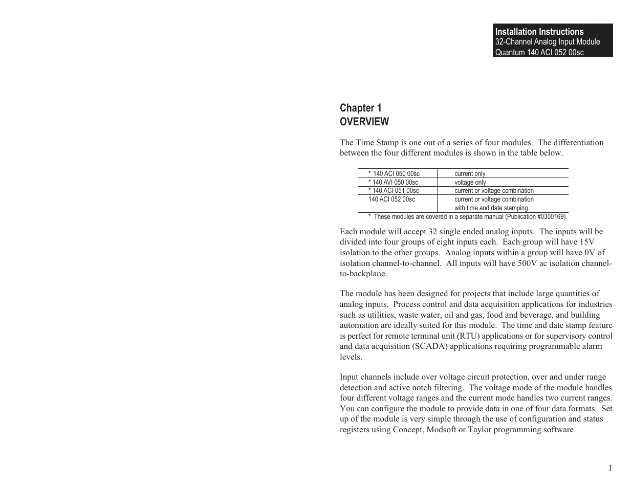 Chapter 1 overview | Spectrum Controls 140 ACI 052 00sc User Manual | Page 7 / 62