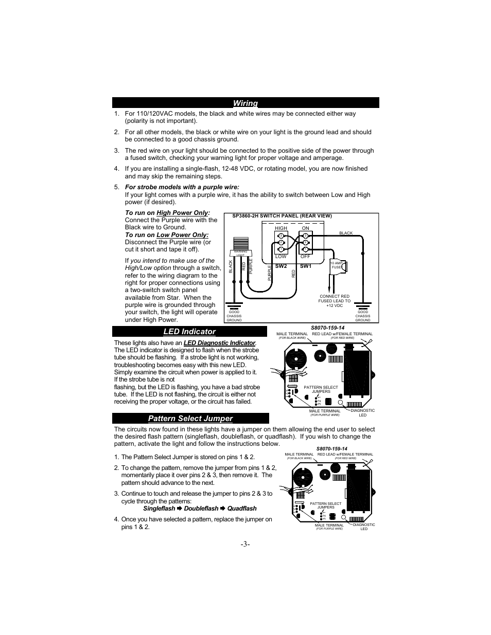 Wiring, Led indicator, Pattern select jumper | The pattern select jumper is stored on pins 1 & 2 | Star Headlight & Lantern 400A-LED User Manual | Page 4 / 4