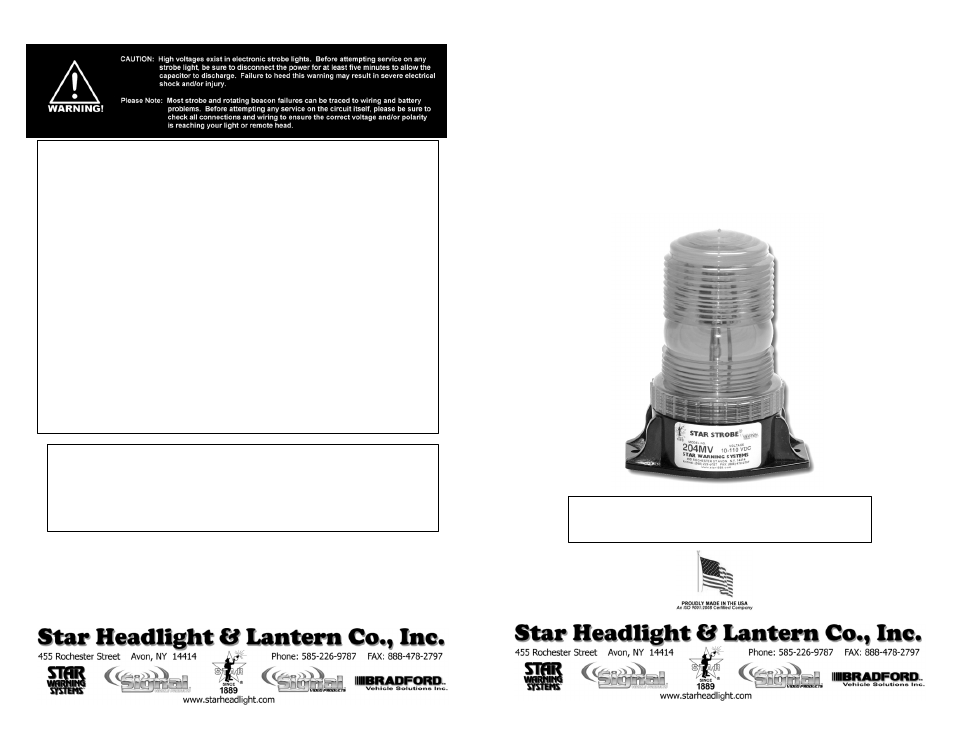 Star Headlight & Lantern 204MV Series User Manual | 2 pages