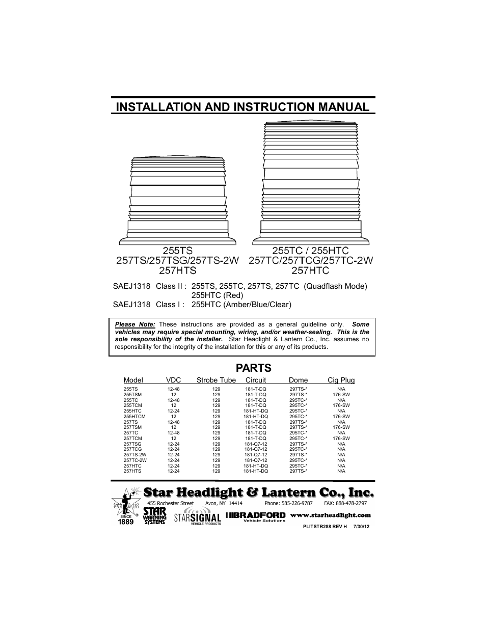 Star Headlight & Lantern 255HTC Series User Manual | 4 pages