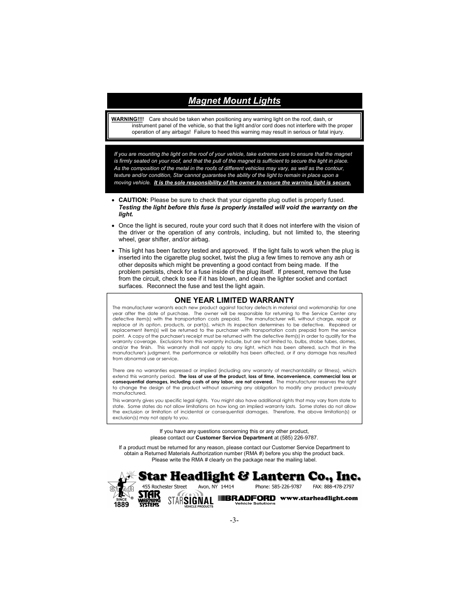 Magnet mount lights, One year limited warranty | Star Headlight & Lantern 255HTC Series User Manual | Page 4 / 4