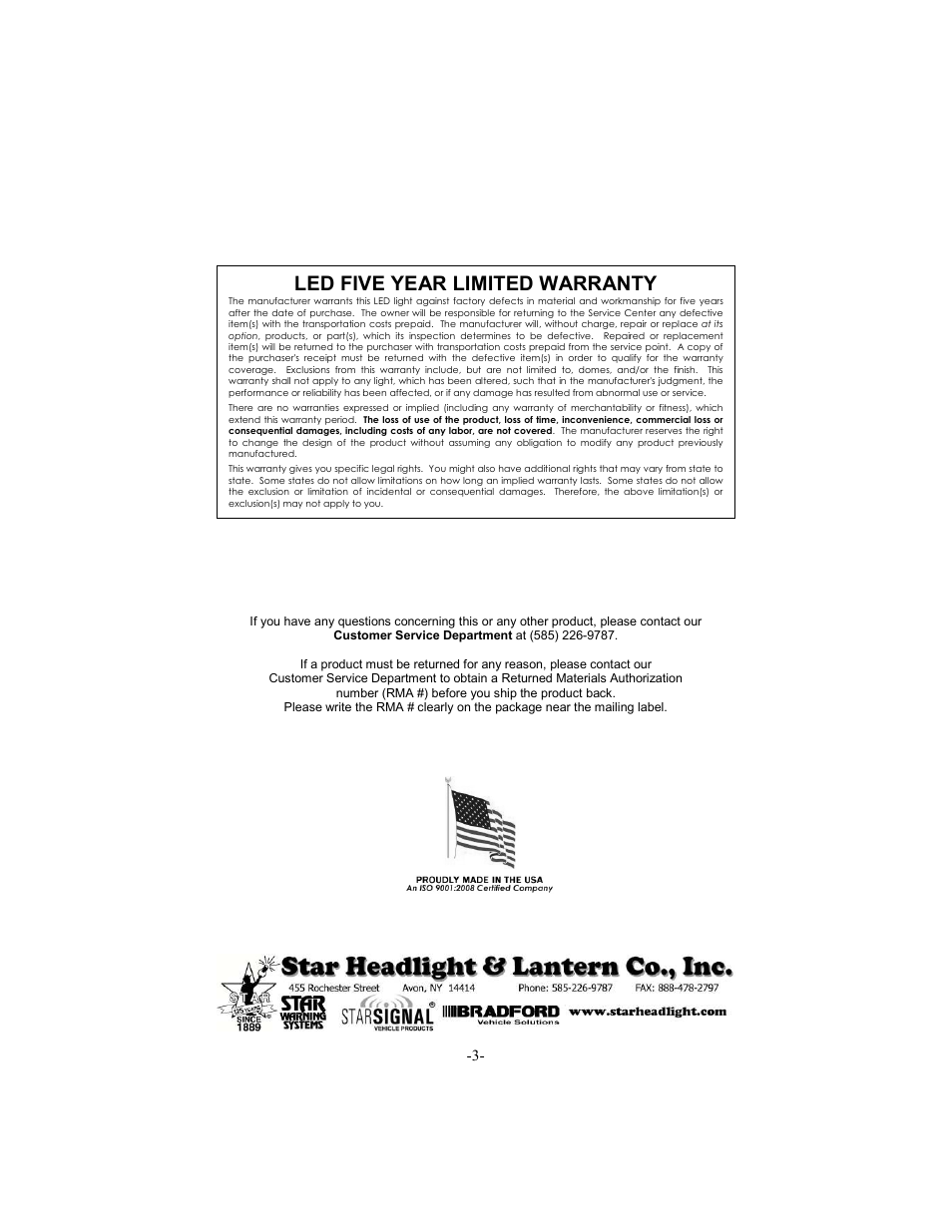 Led five year limited warranty | Star Headlight & Lantern C2 LED BEACON User Manual | Page 4 / 4