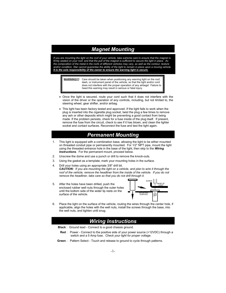 Magnet mounting, Permanent mounting, Wiring instructions | Star Headlight & Lantern 200ZHL Series User Manual | Page 2 / 4