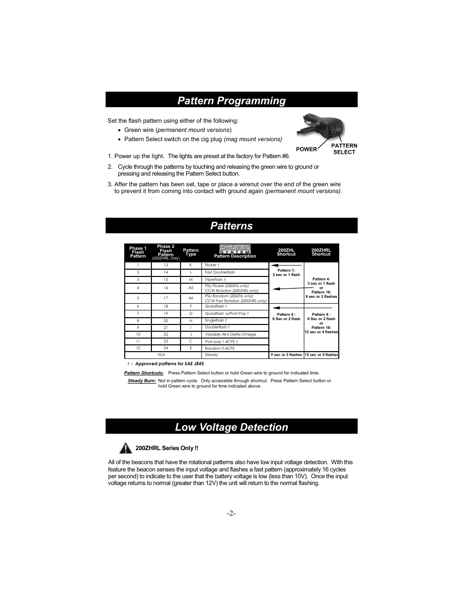Pattern programming patterns low voltage detection, Green wire ( permanent mount versions ) | Star Headlight & Lantern 200ZHL Series User Manual | Page 3 / 4
