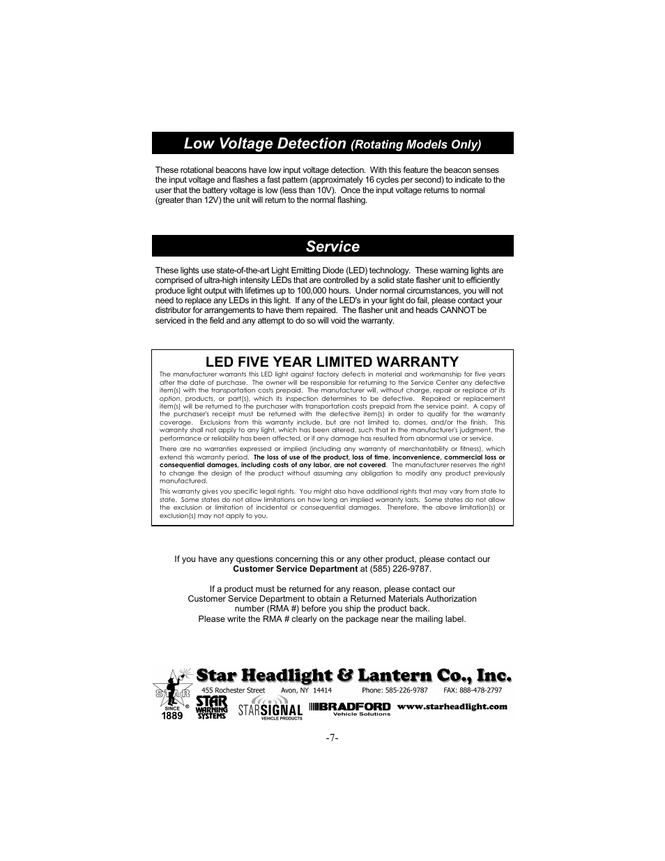 Low voltage detection, Service, Led five year limited warranty | Rotating models only) | Star Headlight & Lantern 200ADHL Dual color User Manual | Page 8 / 8
