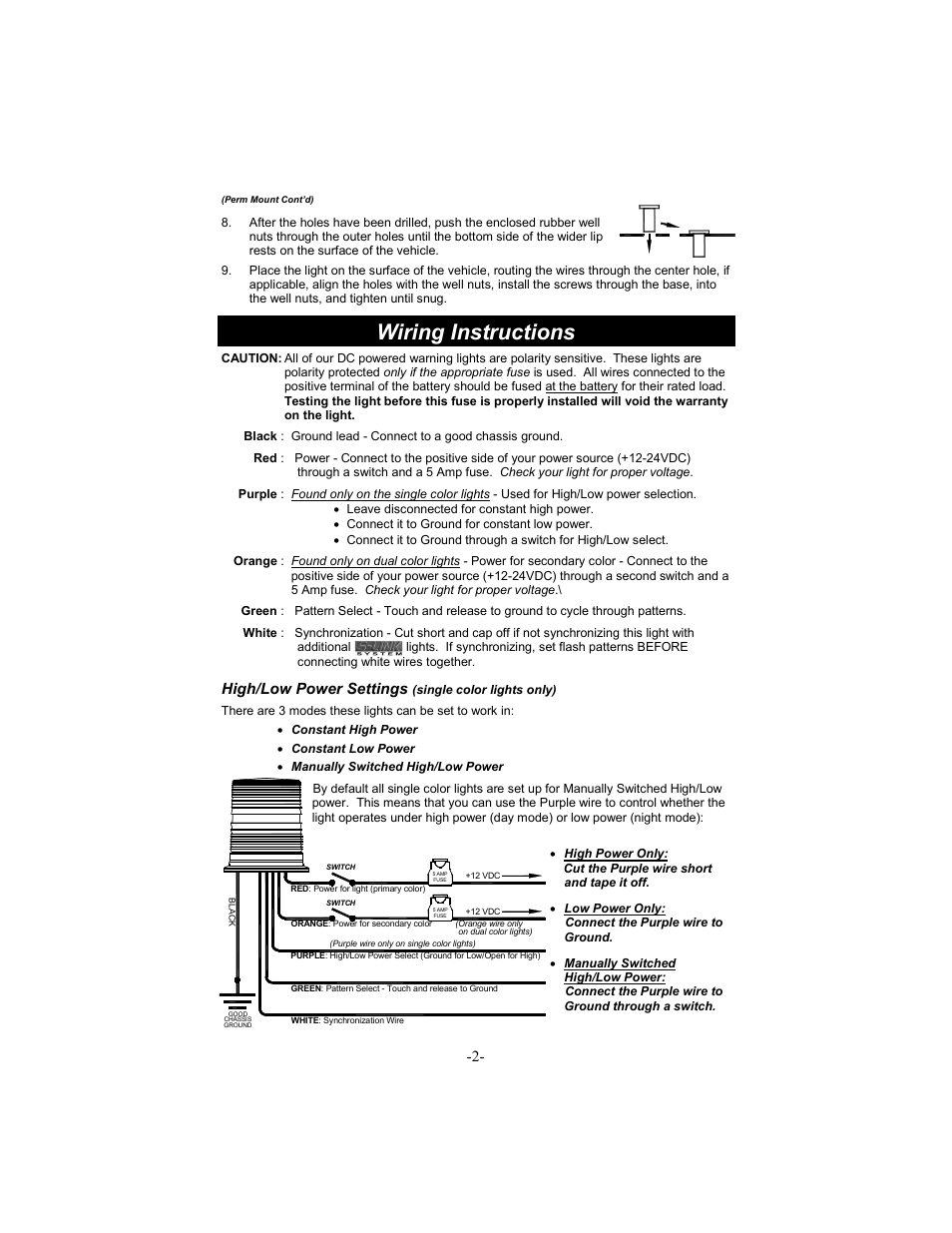 Wiring instructions, High/low power settings | Star Headlight & Lantern 258HTDCL Dual color User Manual | Page 3 / 8