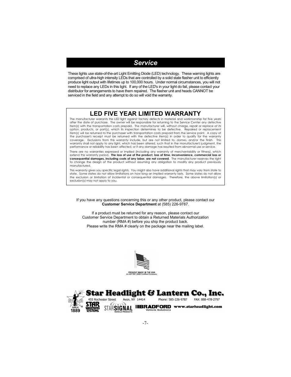 Service, Led five year limited warranty | Star Headlight & Lantern 258HTDCL Dual color User Manual | Page 8 / 8