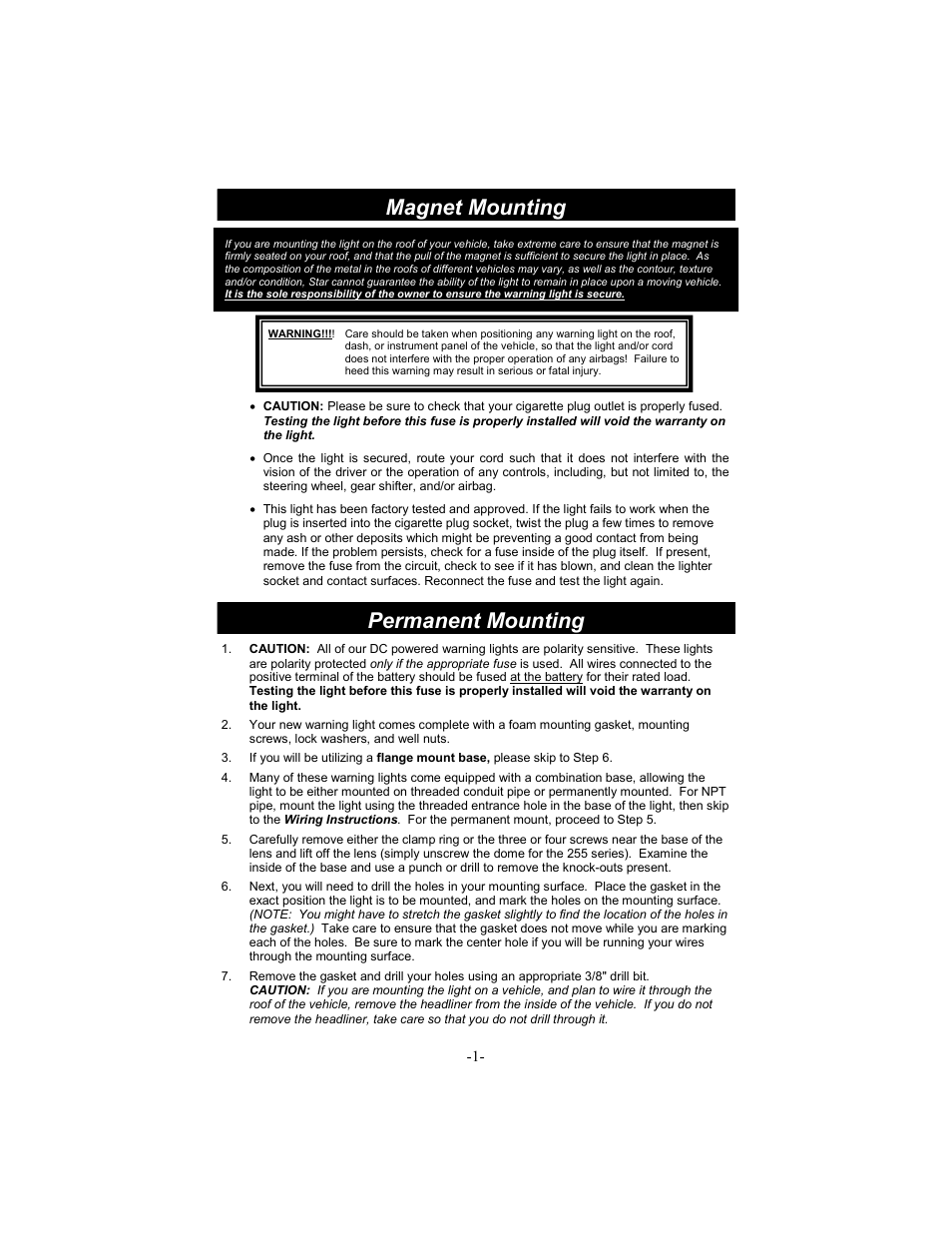 Magnet mounting, Permanent mounting | Star Headlight & Lantern 258HTL Series User Manual | Page 2 / 8