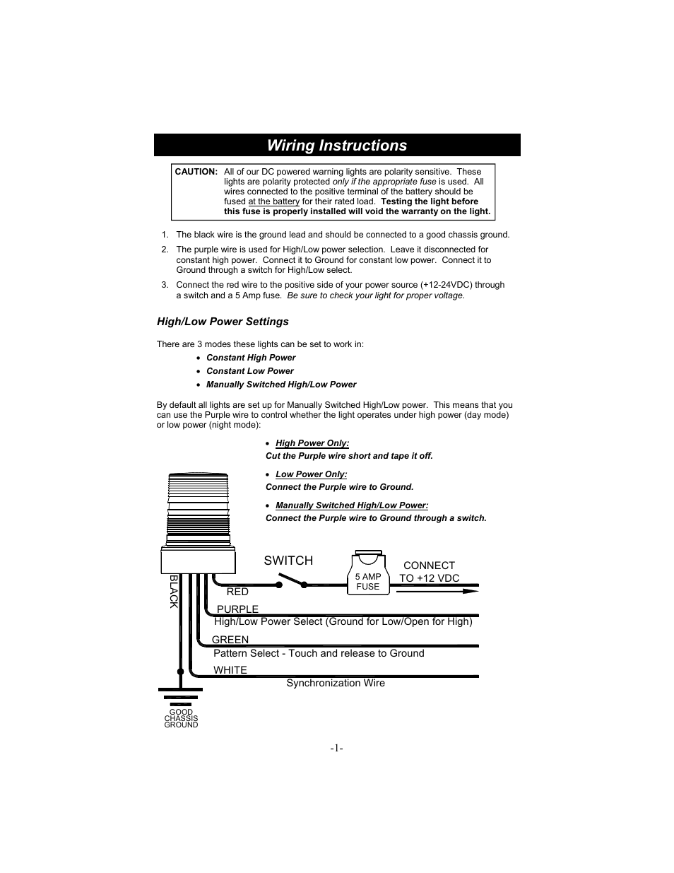 Wiring instructions, Switch, High/low power settings | Star Headlight & Lantern 251HTL Series User Manual | Page 2 / 8