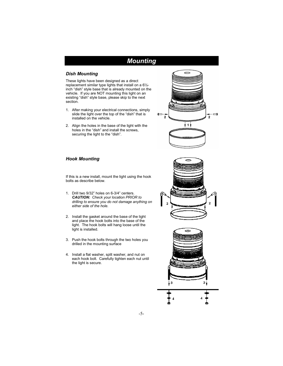 Mounting, Dish mounting hook mounting | Star Headlight & Lantern 251HTL Series User Manual | Page 6 / 8