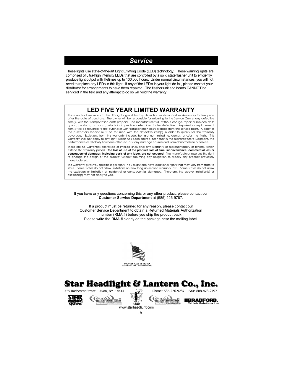 Service, Led five year limited warranty | Star Headlight & Lantern 251HTL Series User Manual | Page 7 / 8