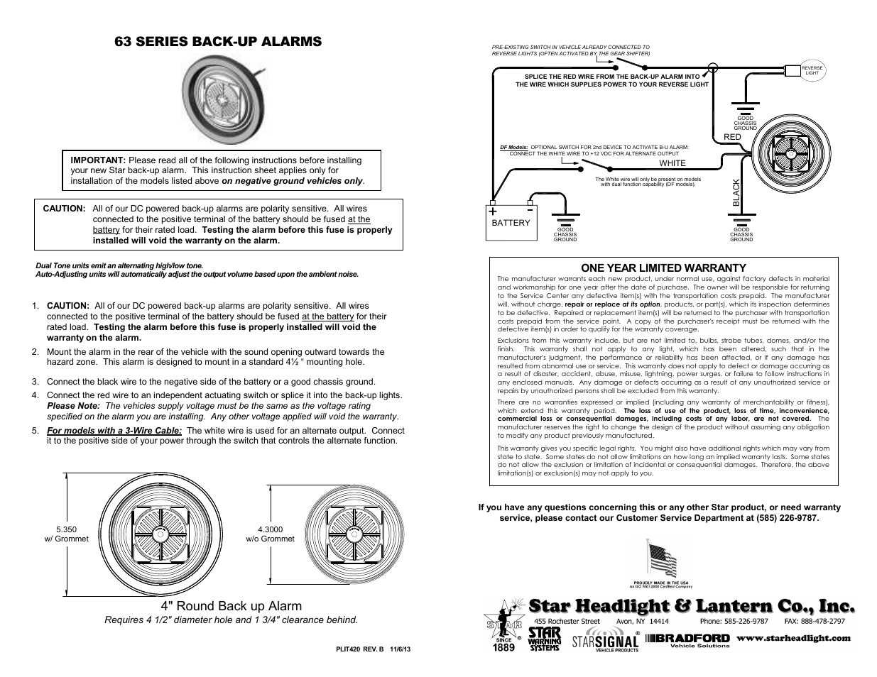 Star Headlight & Lantern 63 Series Staralarms User Manual | 1 page