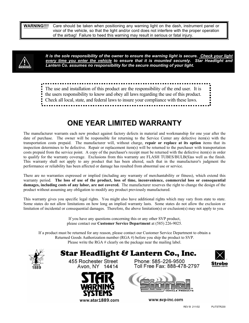 One year limited warranty | Star Headlight & Lantern 274-875-Dash Bracket User Manual | Page 2 / 2