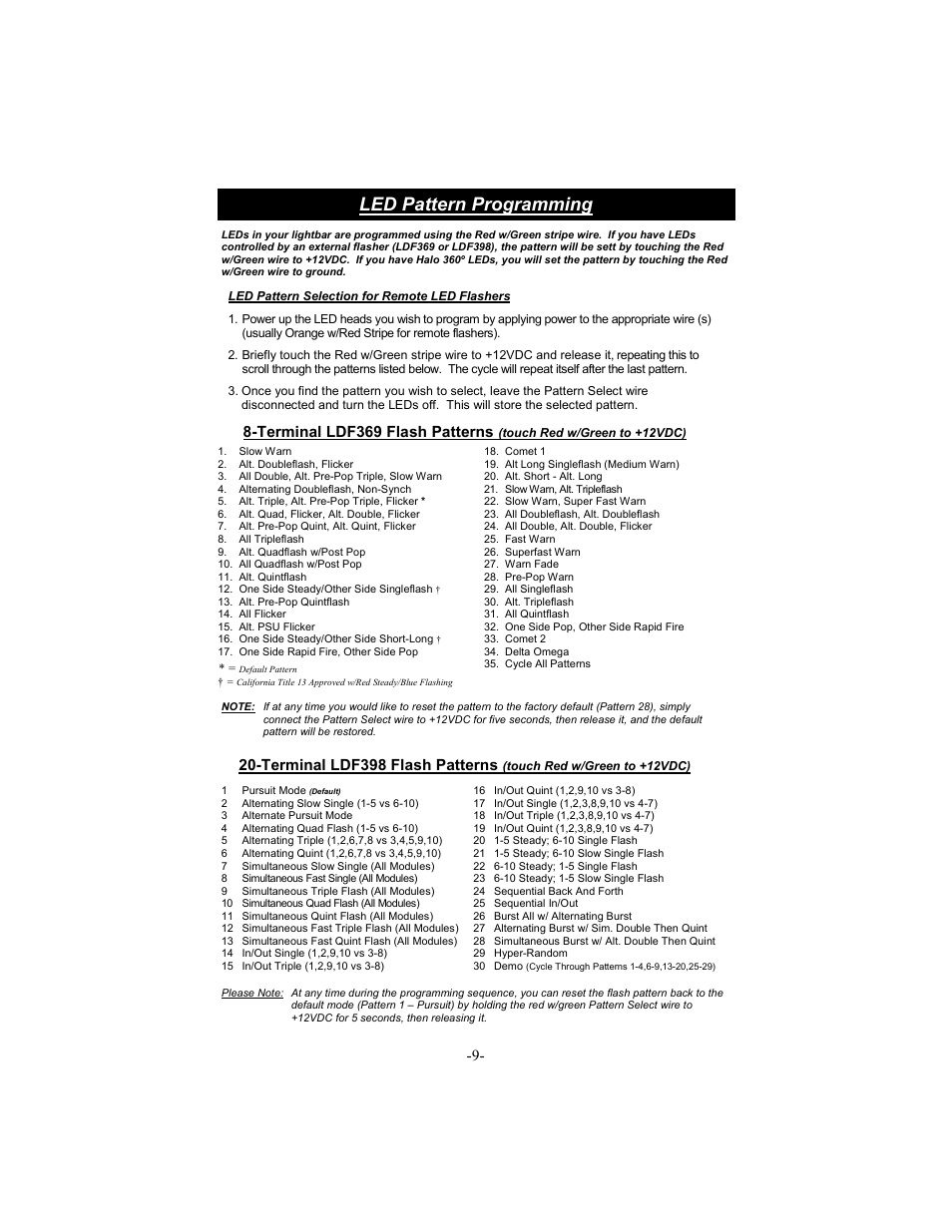 Led pattern programming, Terminal ldf369 flash patterns, Terminal ldf398 flash patterns | Star Headlight & Lantern 6600 Series - 64"Warning Package User Manual | Page 11 / 20