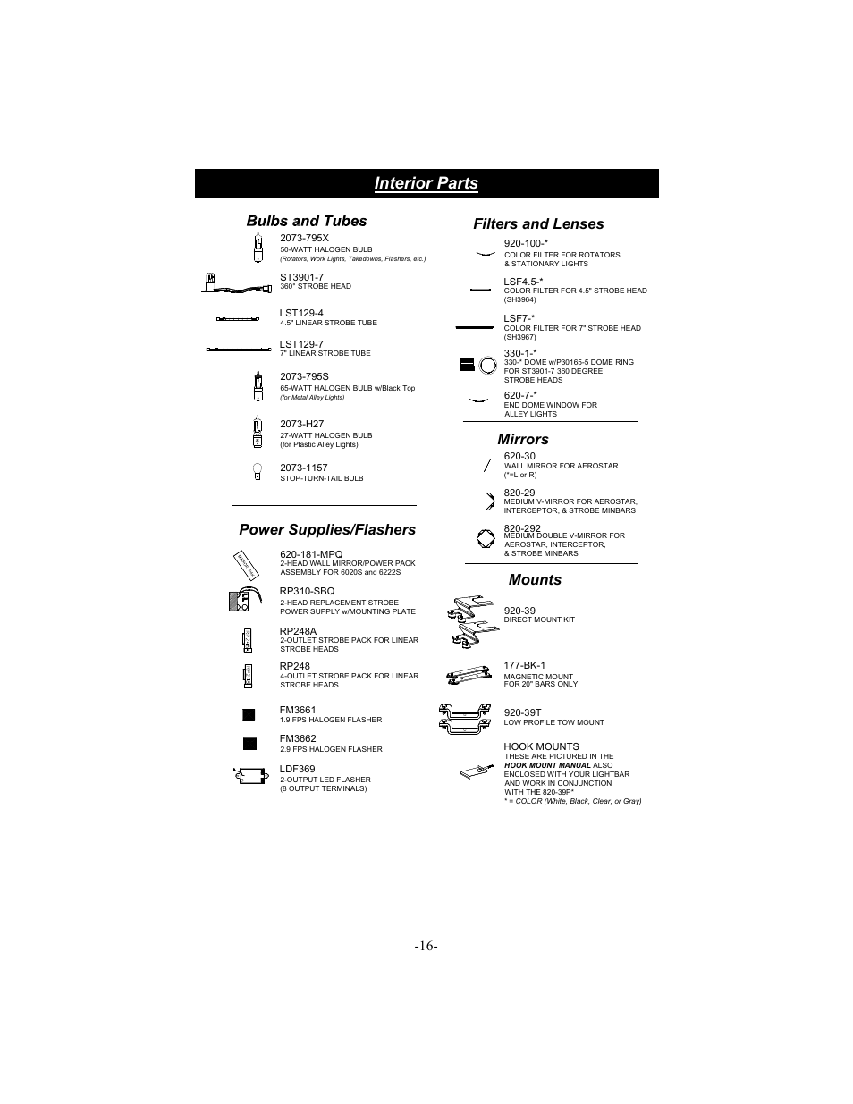 Interior parts, Mirrors, Mounts | Power supplies/flashers, Filters and lenses | Star Headlight & Lantern 6600 Series - 64"Warning Package User Manual | Page 18 / 20
