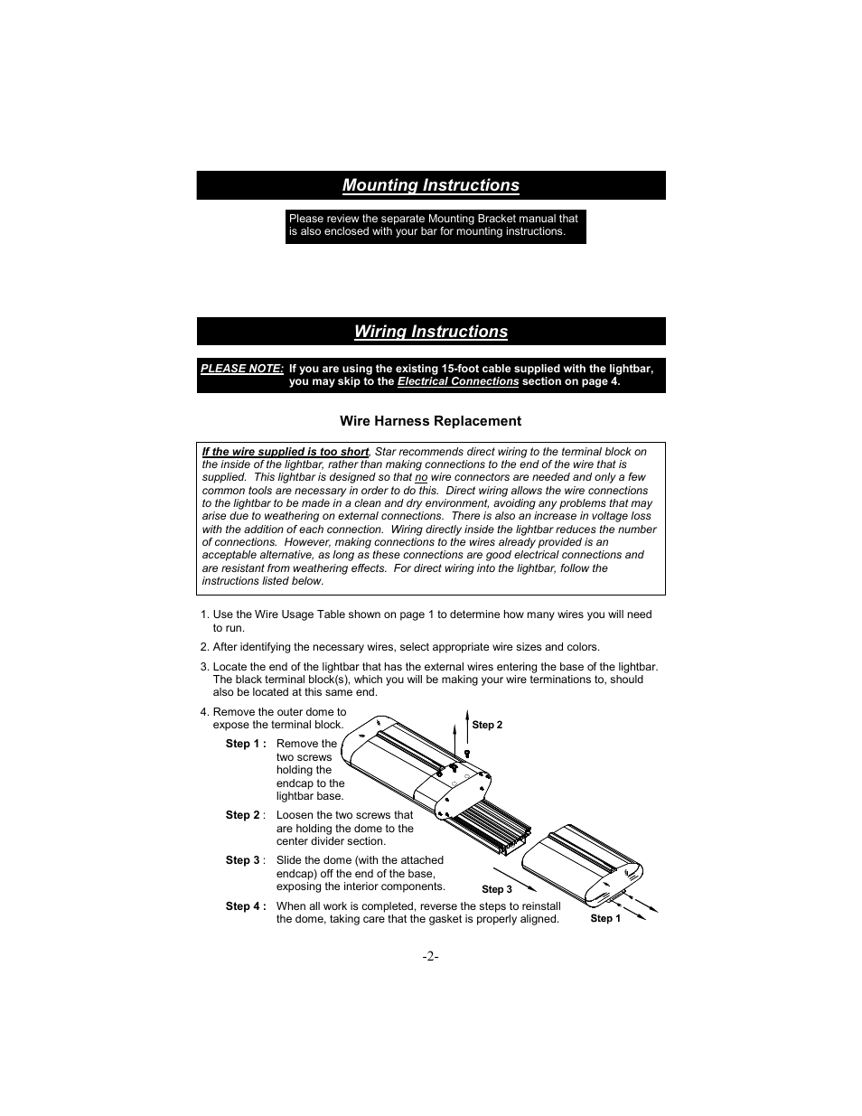 Wiring instructions mounting instructions, Wire harness replacement | Star Headlight & Lantern 6600 Series - 64"Warning Package User Manual | Page 4 / 20