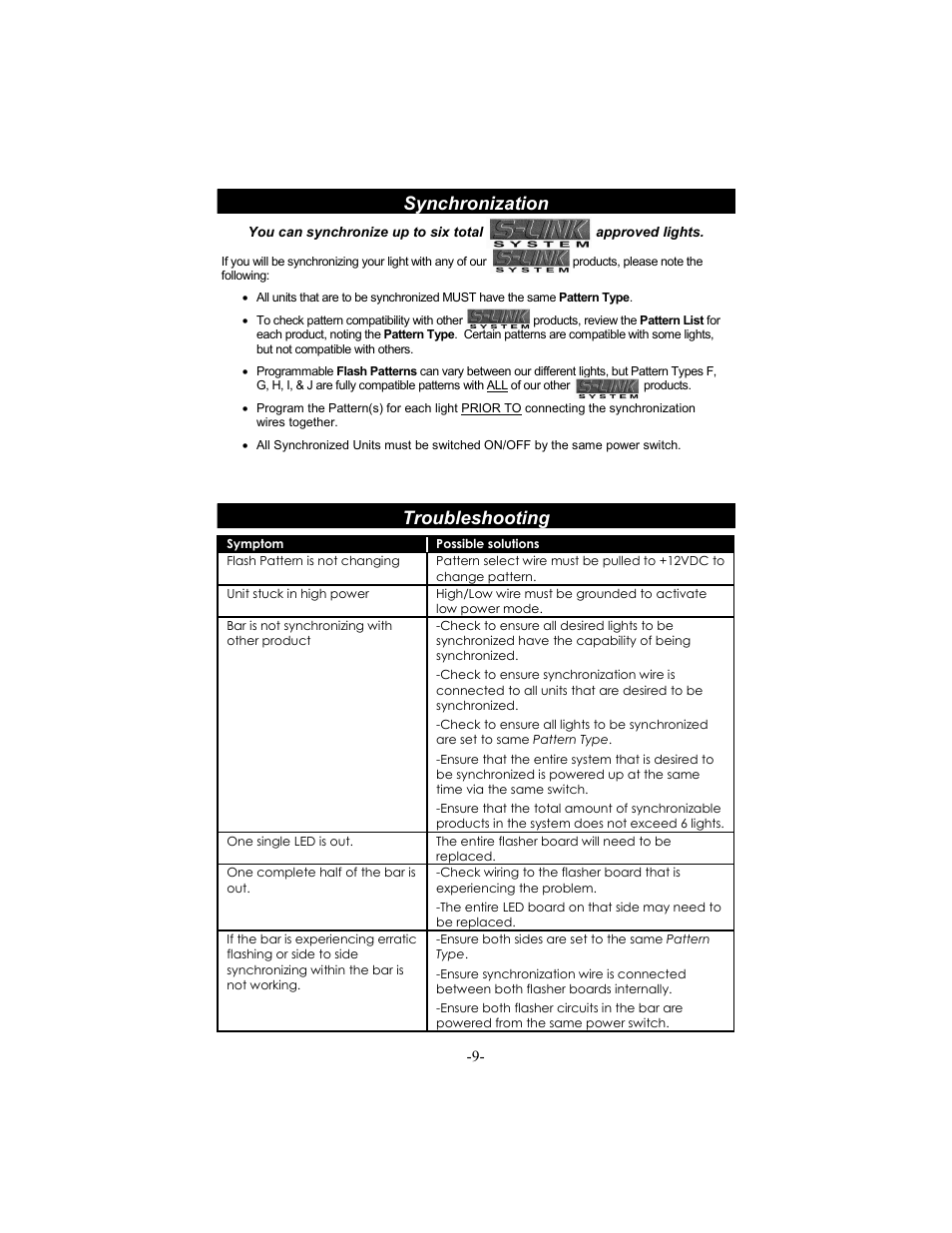 Synchronization, Troubleshooting | Star Headlight & Lantern 6464LED-48 " M-Tech PLUS LED Lightbar User Manual | Page 12 / 16