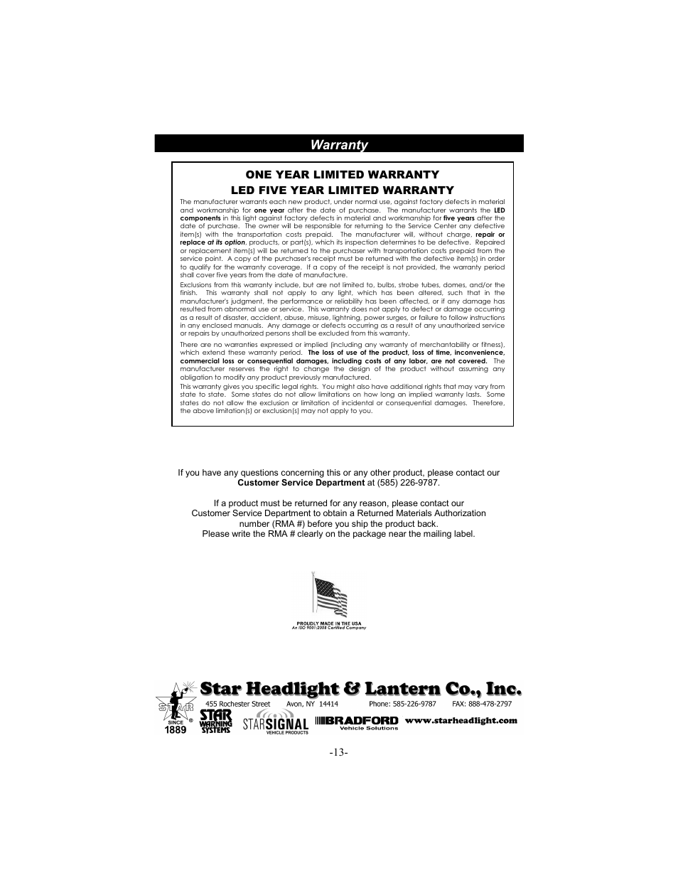 Warranty | Star Headlight & Lantern 6464LED-48 " M-Tech PLUS LED Lightbar User Manual | Page 16 / 16