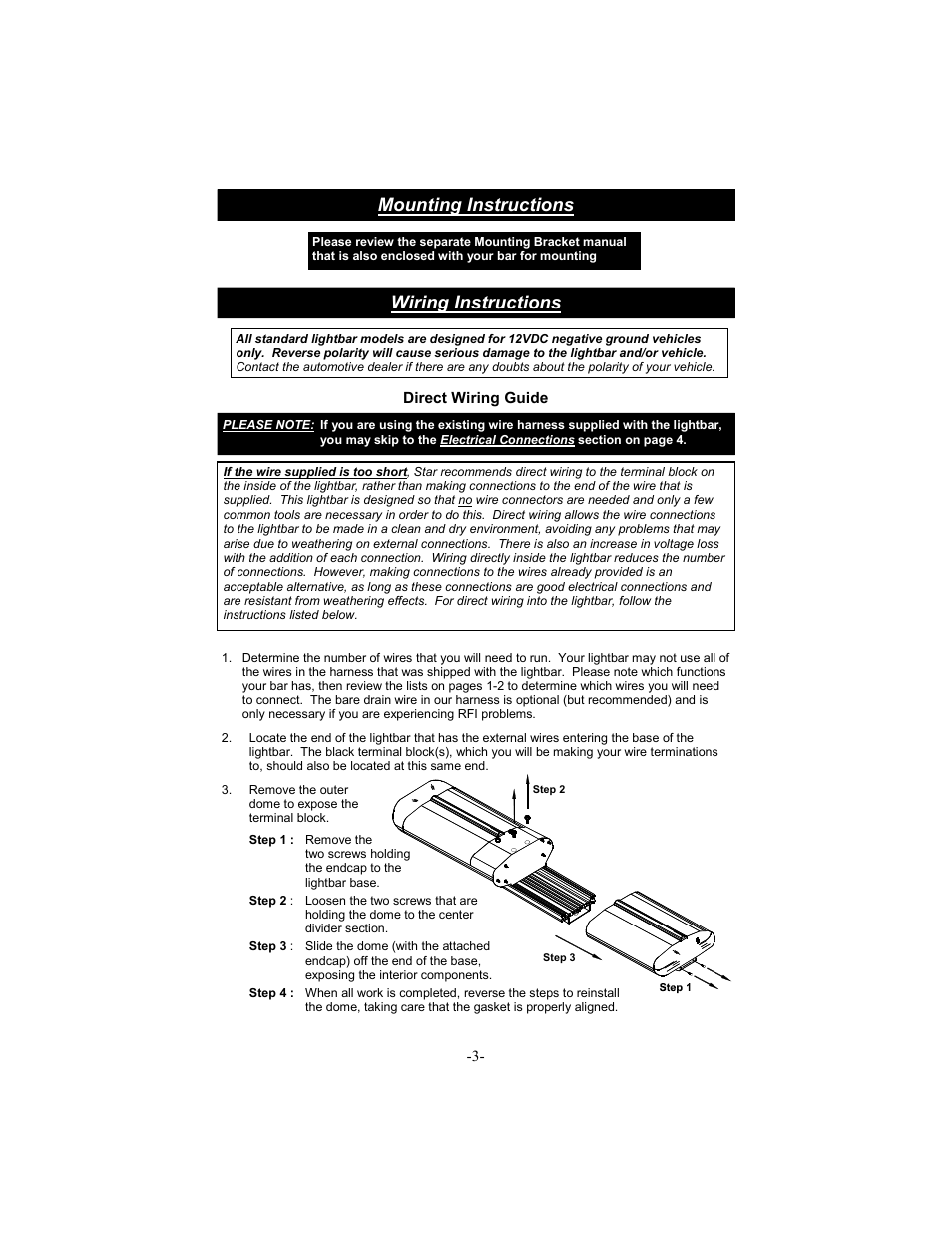 Mounting instructions wiring instructions, Direct wiring guide | Star Headlight & Lantern 6464LED-48 " M-Tech PLUS LED Lightbar User Manual | Page 6 / 16