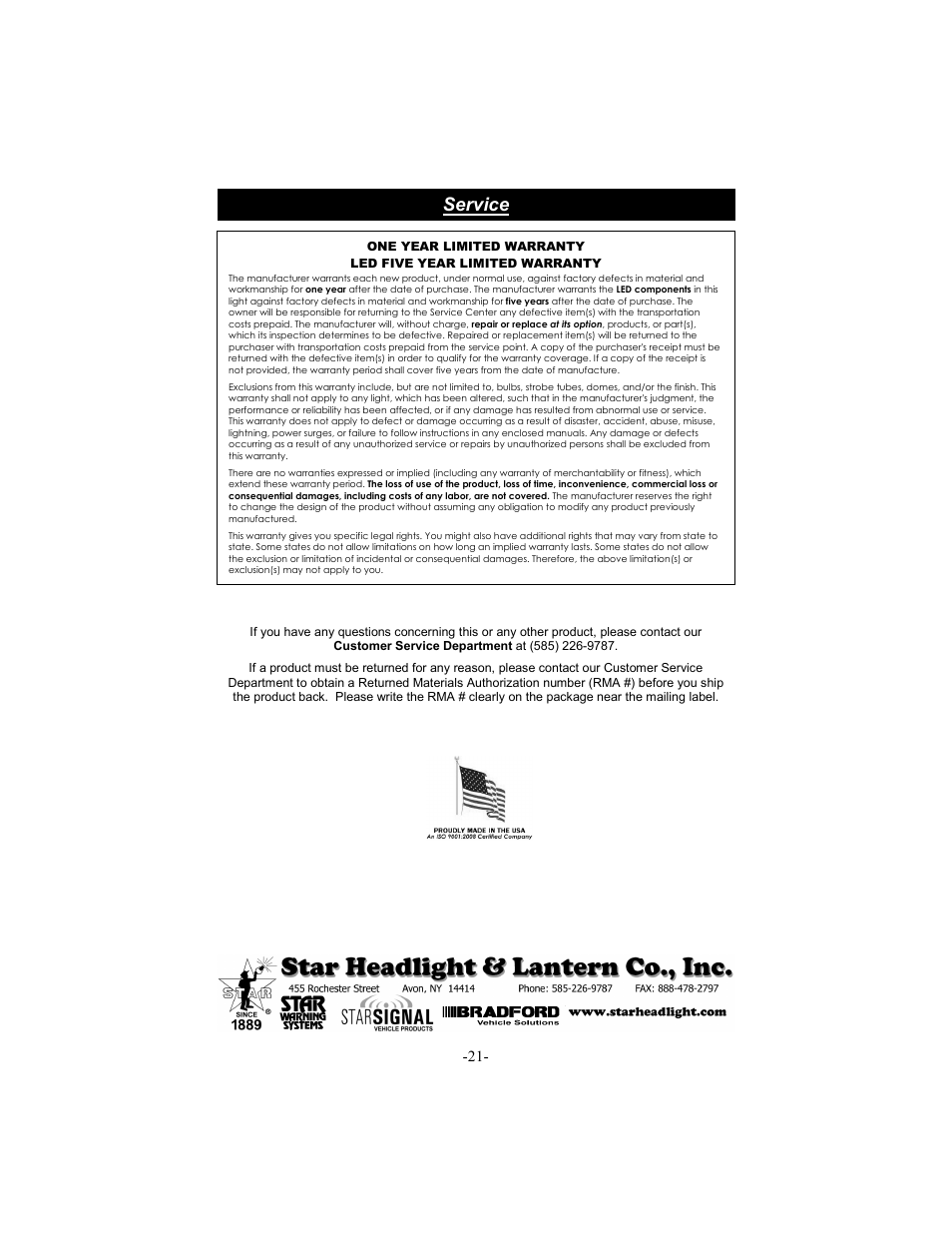 Service | Star Headlight & Lantern 8600 Series Intercepto - 66" Tow Packages User Manual | Page 24 / 24