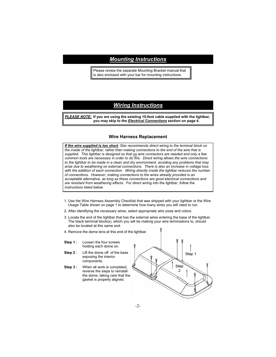 Wiring instructions, Mounting instructions, Wire harness replacement | Star Headlight & Lantern 8600 Series Intercepto - 66" Tow Packages User Manual | Page 5 / 24