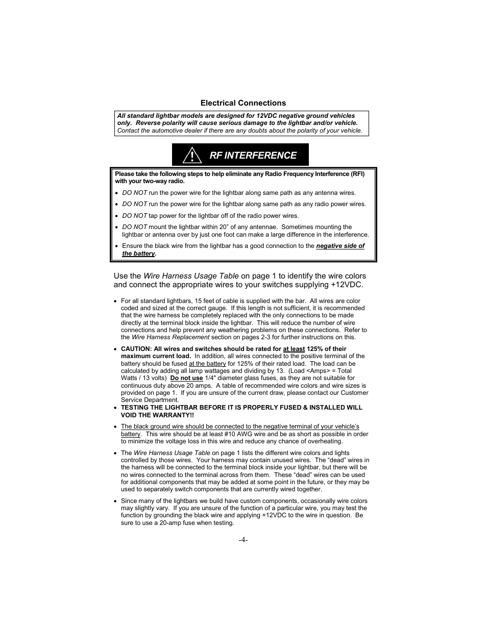 Rf interference, Electrical connections | Star Headlight & Lantern 8600 Series Intercepto - 66" Tow Packages User Manual | Page 7 / 24