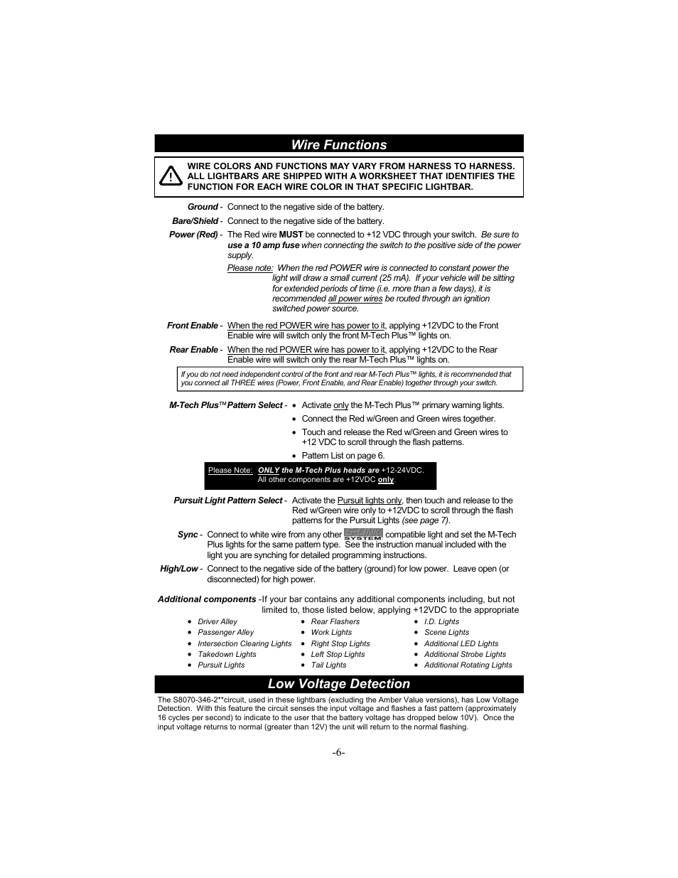 Wire functions, Low voltage detection | Star Headlight & Lantern 7400 Laser M User Manual | Page 8 / 12