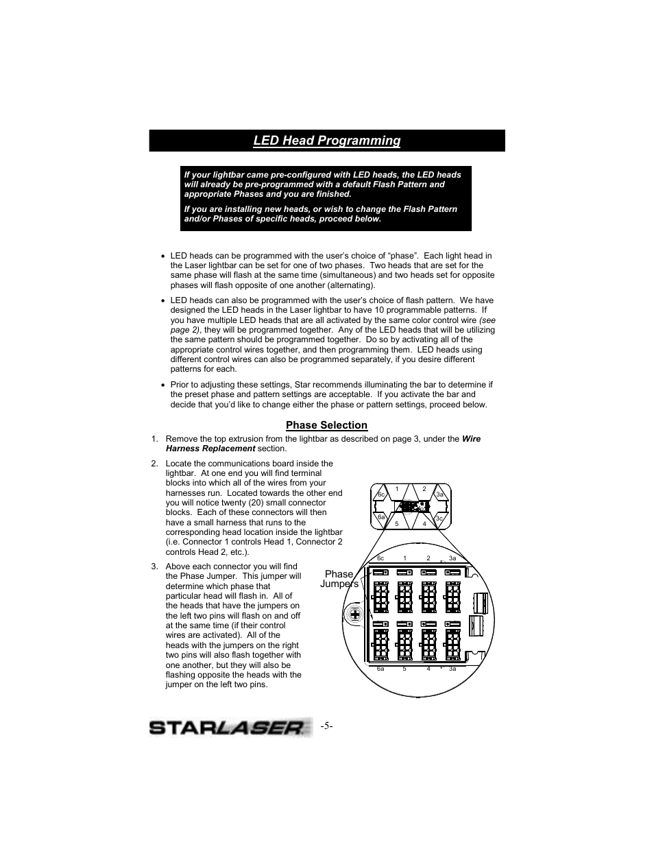 Led head programming, Phase selection, Phase jumpers | Star Headlight & Lantern 7400 Star Lase User Manual | Page 8 / 16