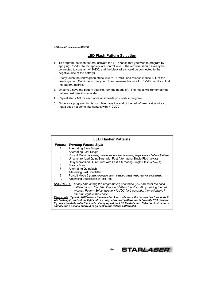Led flash pattern selection, Led flasher patterns | Star Headlight & Lantern 7400 Star Lase User Manual | Page 9 / 16