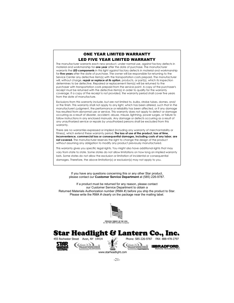 Star Headlight & Lantern 5600 Series 66" Warning Packages User Manual | Page 24 / 24