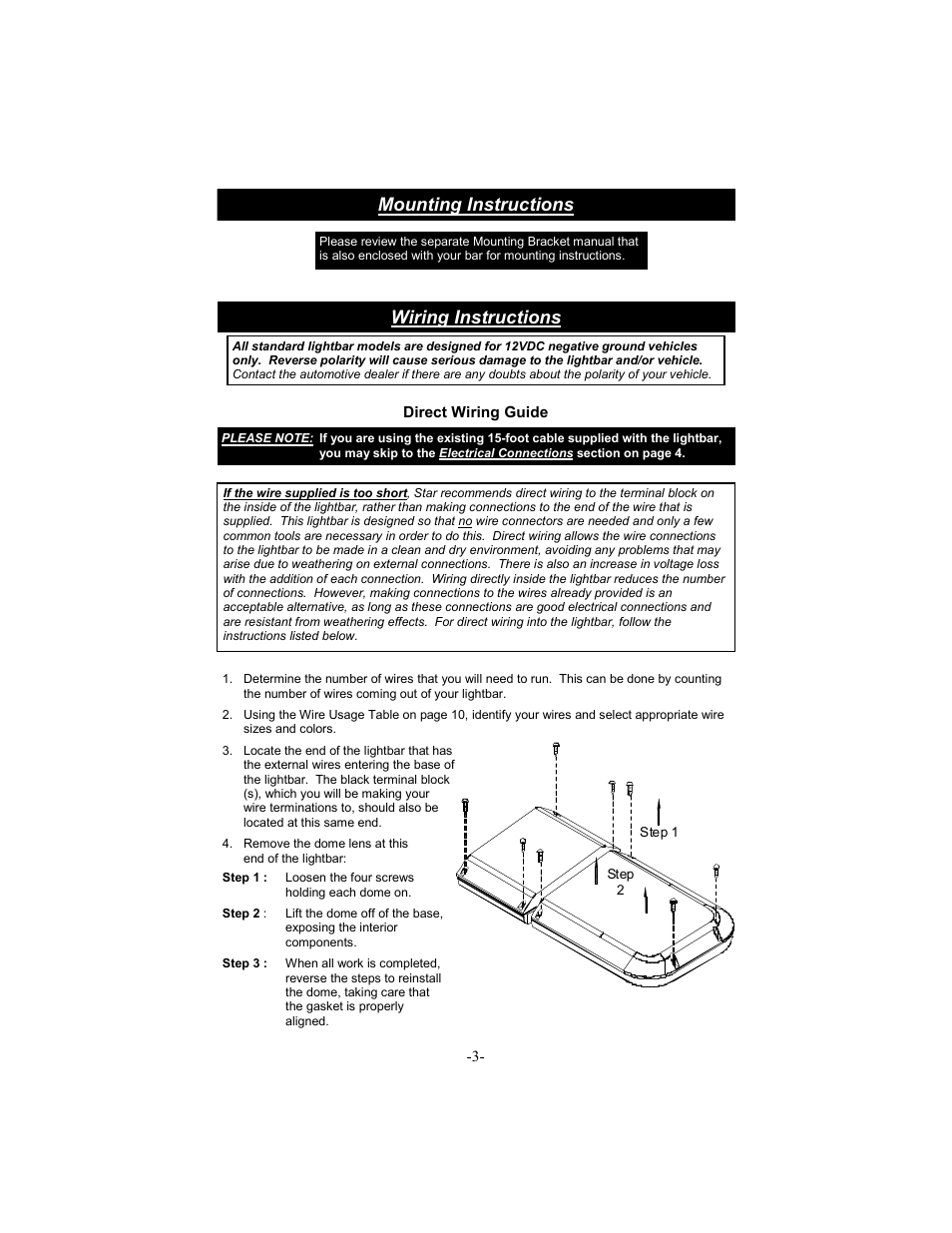 Wiring instructions, Mounting instructions | Star Headlight & Lantern 5600 Series 66" Warning Packages User Manual | Page 6 / 24