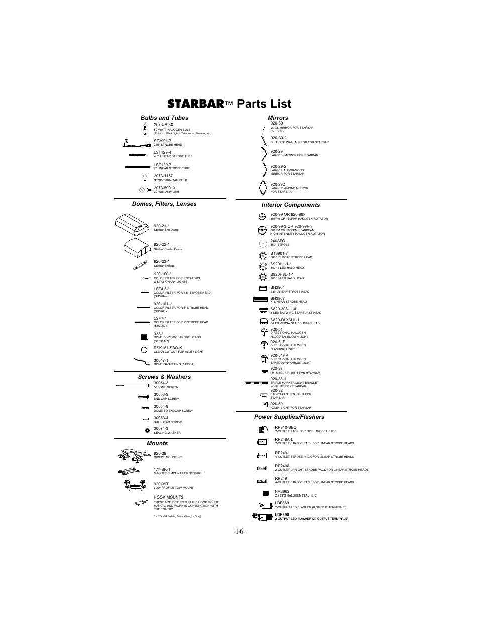 Starbar, Parts list, Mirrors | Mounts, Power supplies/flashers, Interior components, Screws & washers, Domes, filters, lenses, Bulbs and tubes | Star Headlight & Lantern 9500 Series - 58" Warning Package User Manual | Page 18 / 20