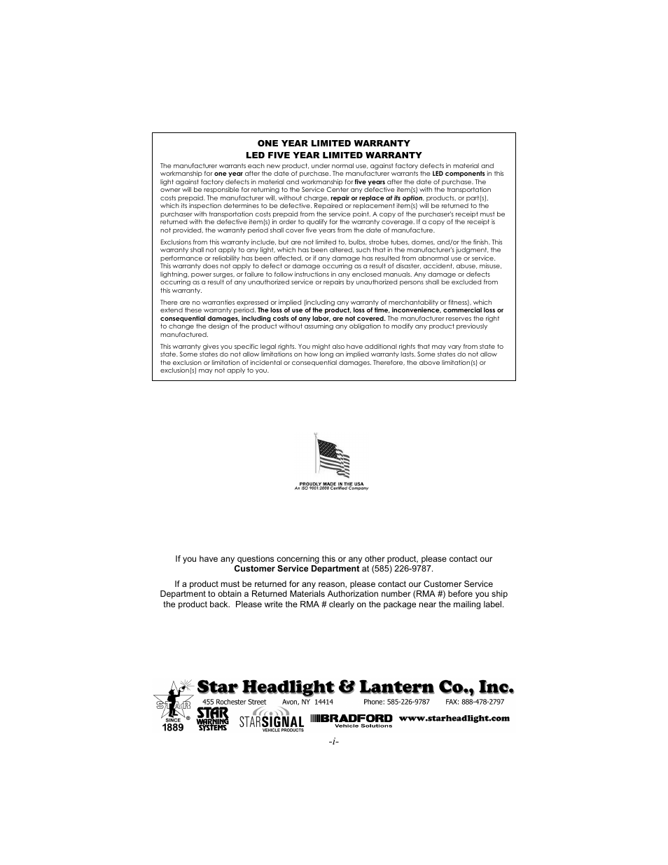 Star Headlight & Lantern 9500 Series - 58" Warning Package User Manual | Page 20 / 20